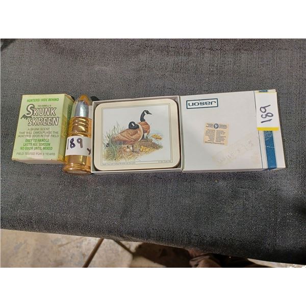 SKUNK SCREEN CAMO SCENT,AVON BULLET AFTER SHAVE, 6 CANADA GOOSE COASTERS