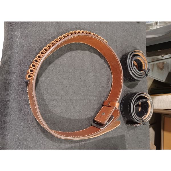 LEATHER AMMO BELT SAYS 36 BUT MORE LIKE 34 SIZE PLUS 2 LEATHER BELTS APPROX SAME SIZE