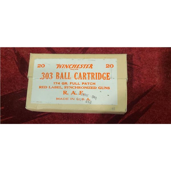 SEALED 20 WINCHESTER .303 BALL CARTRIDGES 174GR FULL PATCH RED LABEL SYNCHRONIZED GUNS R.A.F. MADE I