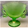 Image 2 : Fenton Uranium Florentine Stretch Glass Double Dolphins Fan Vase - 1920s
