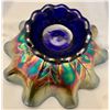 Image 5 : Dugan Cobalt Blue Carnival Glass Dogwood Sprays Pedestal Ruffled Bowl - 1909