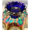 Image 6 : Dugan Cobalt Blue Carnival Glass Dogwood Sprays Pedestal Ruffled Bowl - 1909