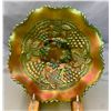 Image 1 : Northwood Green Carnival Glass Grape and Cable Ruffled Bowl