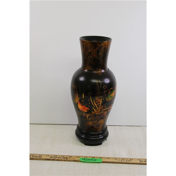 Asian Inspired Wooden Vase with Painted Koi - Crack From Drying