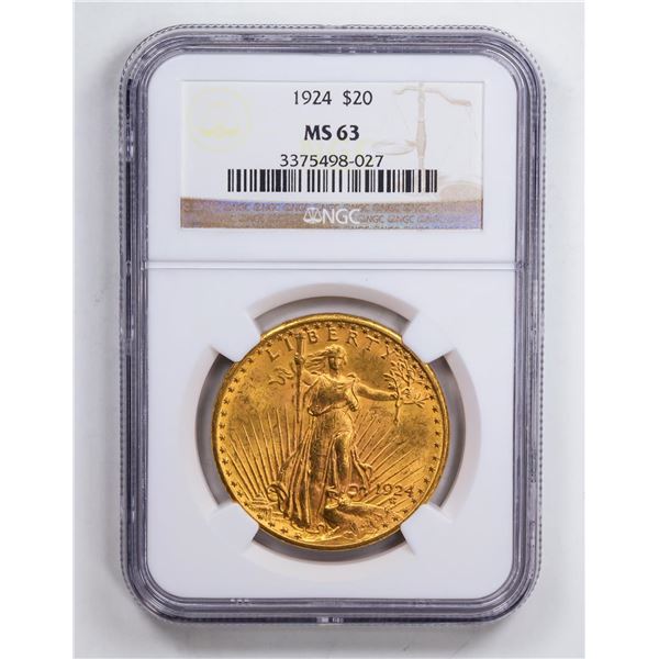 1924 $20 Double Eagle Gold Coin NGC MS63