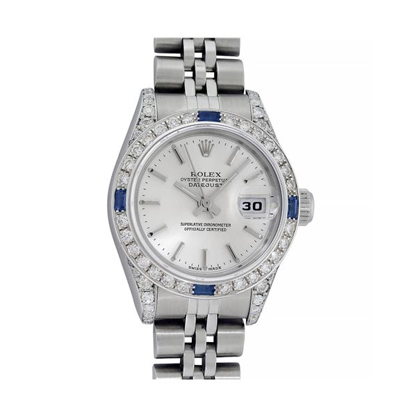 Rolex Ladies Quickset Stainless Steel Silver Index 18K White Gold Diamond & Sapp