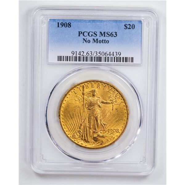 1908 $20 No Motto Double Eagle Gold Coin PCGS MS63