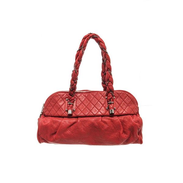 Chanel Red Leather Large Lady Braid Bowler Bag