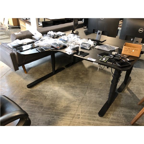 BLACK 63  X 43  SIT/STAND L-SHAPE ELECTRIC COMPUTER TABLE (LH), HAS POWER SUPPLY