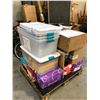 Image 1 : PALLET OF OFFICE SUPPLIES INCLUDING 4 CLEAR CONTAINERS, PRINTING PAPER, 33' HDMI CABLE BOX OF LED