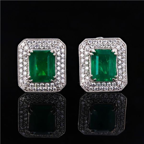 7.65 ctw Emerald and 1.50 ctw Diamond Platinum Earrings