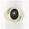 Image 1 : Men's Vintage 14K Gold Oval Cabochon Brown Star Sapphire & Diamond Cocktail Ring