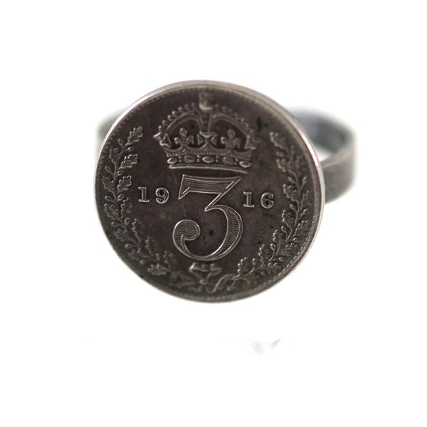 Great Britain 1916 3 Pence King George V .925 Fine Silver Custom Jewelry Ring Size 5.5 