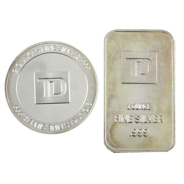 3oz Lot Total! TD .999 Silver Round & Bar 2pcs. (Tax Exempt) 