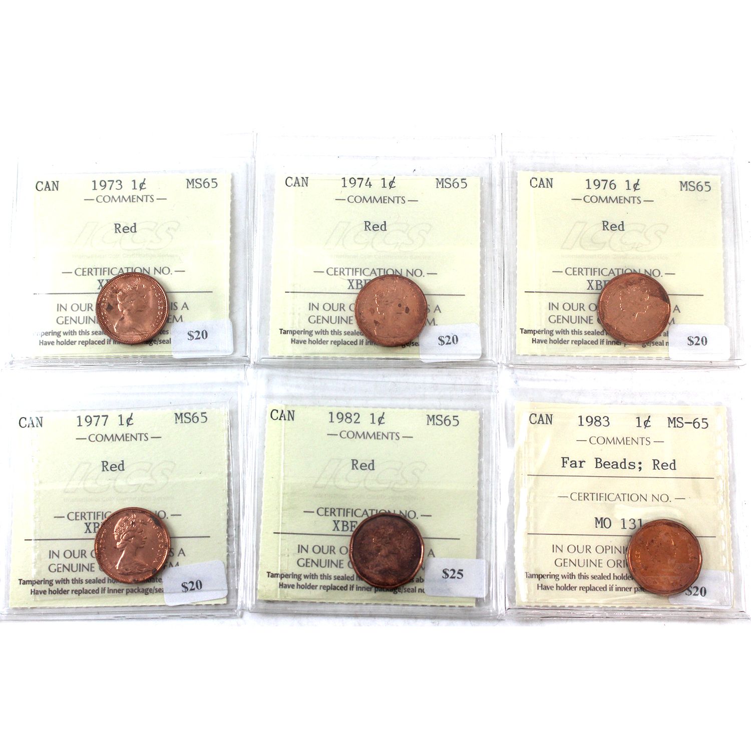 1-cent 1973-1983 ICCS MS65 Red 6pcs.
