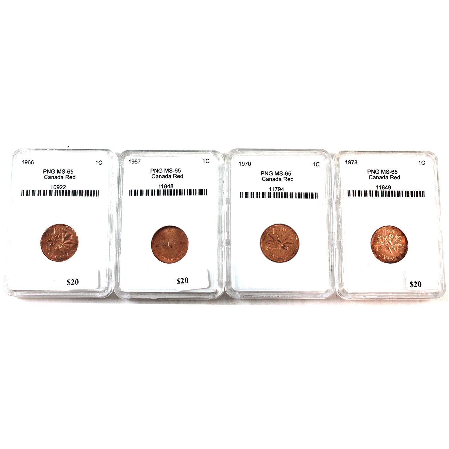 1-cent 1966, 1967, 1970, 1978 PNG MS65 Red. 4pcs