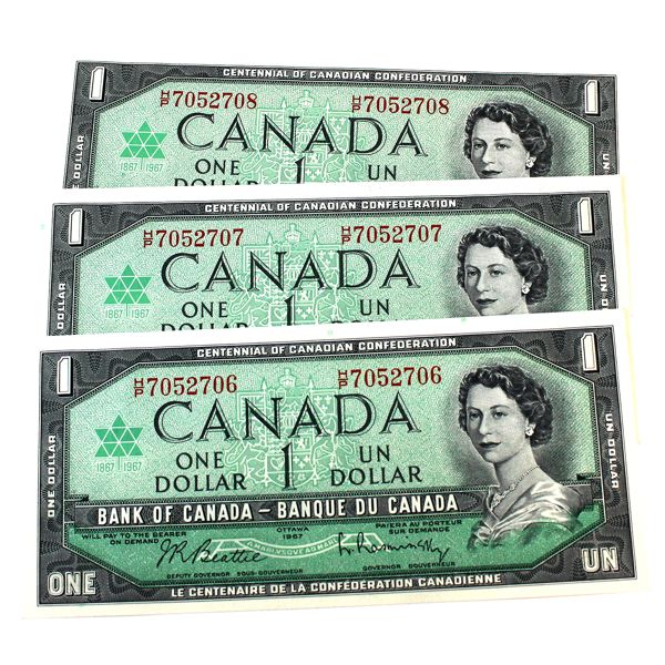 BC-45-b-i 1967 $1 Beattie-Rasminsky Notes In Sequence INCLUDES: SN: H/P7052706- 07- 08. 3pcs.
