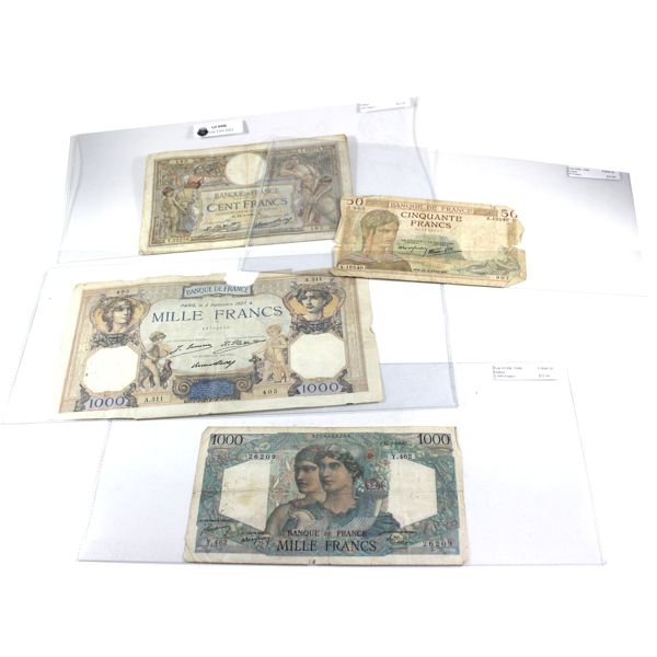 1927-1948 Bank of France Notes in Fine or VF. 4pcs