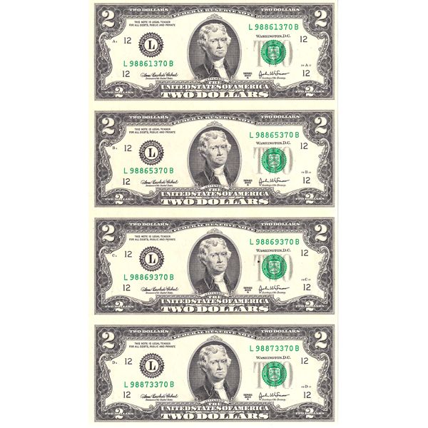 2003 World Reserve Monetary Exchange United States Uncut Sheet of 4x $2 Bills. 