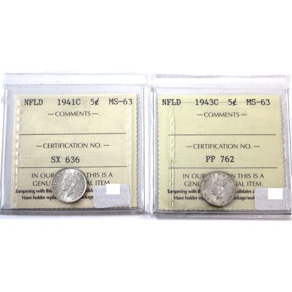 Newfoundland 5-cent 1941C & 1943C ICCS MS63 2pcs. 