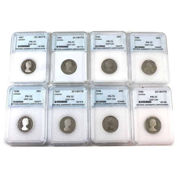 25-cent 1981-1989 NNC PR70 DCAM. 8pcs.