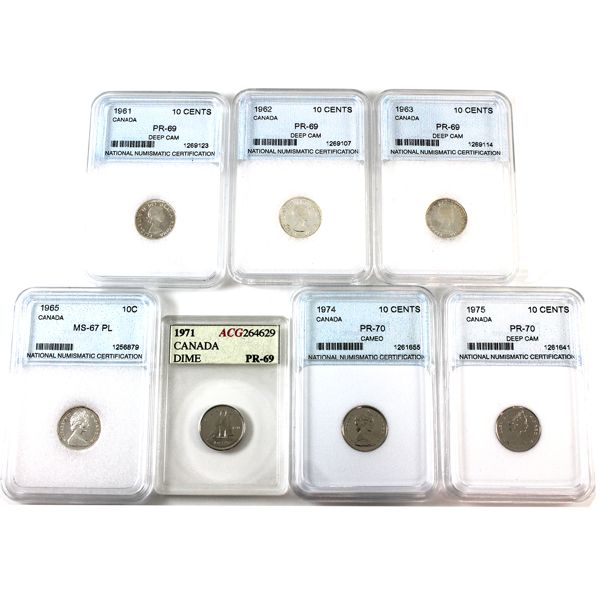 10-cent 1961-1975 MS67 to PR70. 7pcs.
