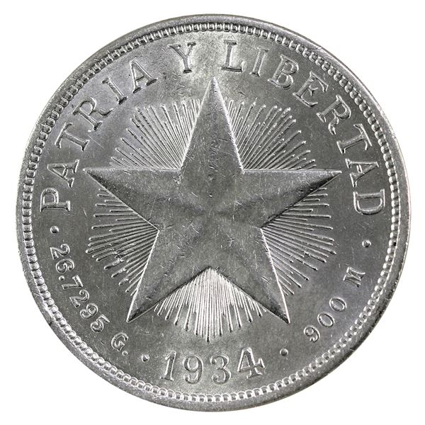 Cuba Silver 1934 Peso Brilliant Uncirculated. Blast-White, Flashy Coin