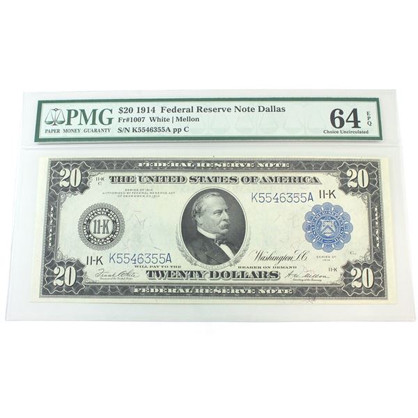 USA 1914 FR#1007 $20 PMG CUNC64 EPQ Federal Reserve Note Dallas White-Mellon SN: K5546355A ppC