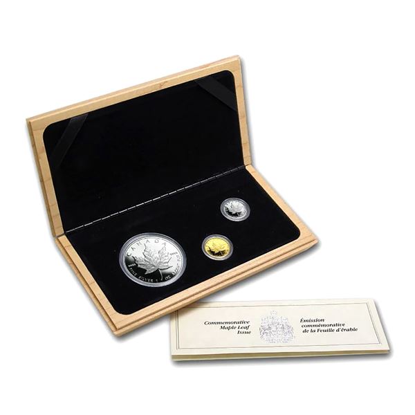 1989 Commemorative Maple Leaf Issue Proof 3-coin 1oz Fine Silver, 1/10oz Gold & 1/10oz Platinum Set