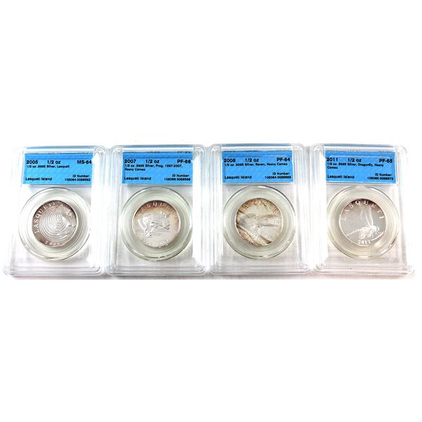 4x 1/2oz Lasqueti Mint 2005-2011 .9995 Silver Rounds, CCCS MS64 to PF66. 4pcs. (Tax Exempt)