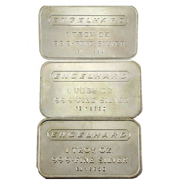 3x 1oz Engelhard Vintage Silver Bars. 2x w/ Standard Logo & 1x Frosted Bark Back. 3pcs. (Tax Exempt)
