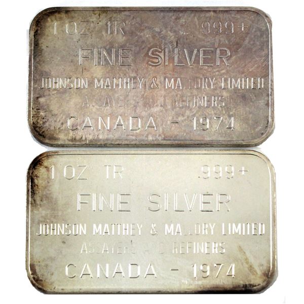 2x 1oz Johnson Matthey & Mallory Limited Assayer and Refiners CANADA-1974 Silver Bars. 2pcs. 