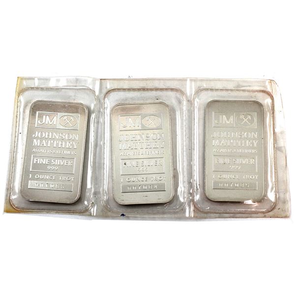 3x 1oz Johnson Matthey & Mallory Consecutive "King Koil" Silver Bars. *Scarce* 3pcs. (Tax Exempt)