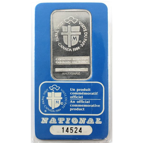 1oz National Mint 1984 Canada Papal Visit, John-Paul II Commemorative Silver Bar (Tax Exempt)