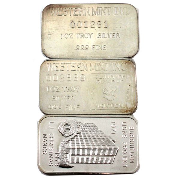 3x 1oz Western Mint Inc. 1970's Vintage Silver Art Bars. 3pcs. (Tax Exempt) 