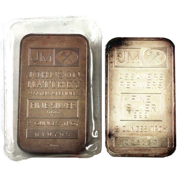 2x 2oz Johnson Matthey Silver Bars. Blank Back, & Crossed Hammer Back Varieties. 2pcs. (Tax Exempt) 