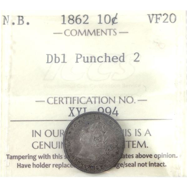 New Brunswick 10-cent 1862 DBL Punched 2 ICCS VF20