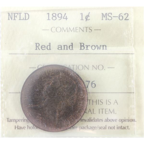Newfoundland 1-cent 1894 ICCS MS62 Red & Brown 