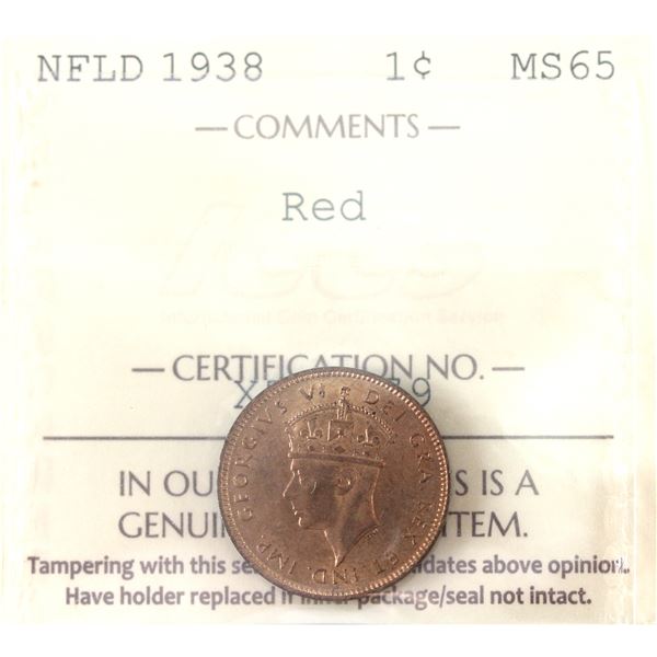 Newfoundland 1-cent 1938 ICCS MS65 Red