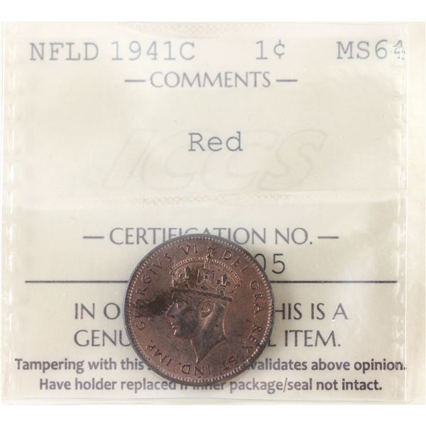 Newfoundland 1-cent 1941c ICCS MS64 Red