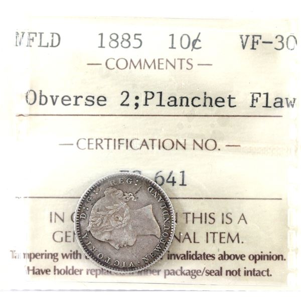 Newfoundland 10-cent 1885 Obverse 2; Planchet Flaw ICCS VF30