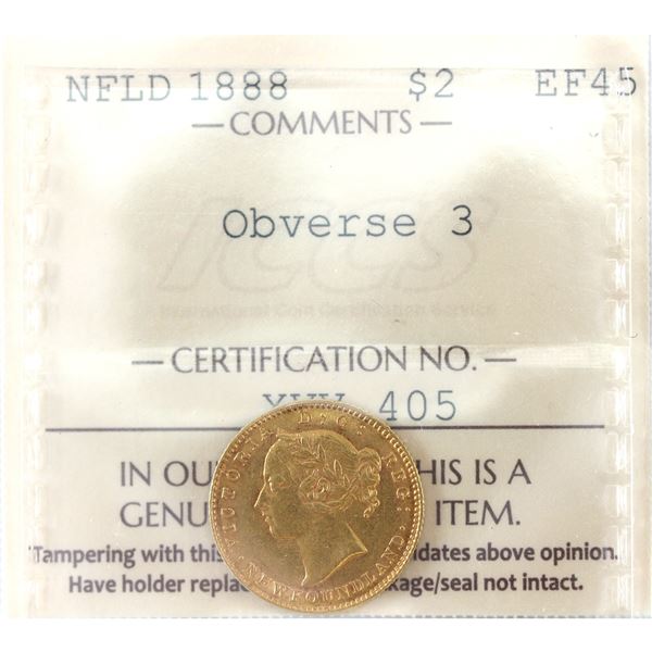 Newfoundland Gold $2 1888 Obverse 3 ICCS EF45