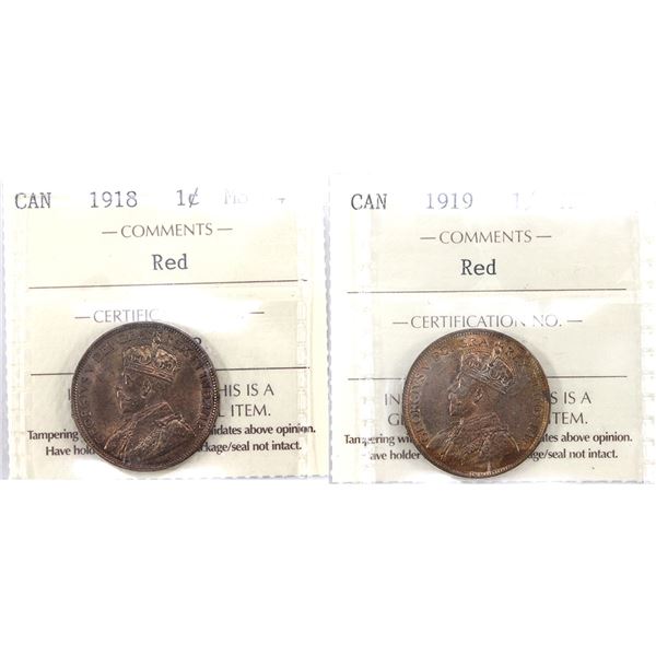 1-cent 1918 & 1919 ICCS MS64 Red. 2pcs.