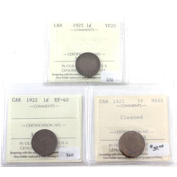 1-cent 1921 MS60 (Cleaned), 1922 EF40, 1925 VF20 ICCS. 3pcs.