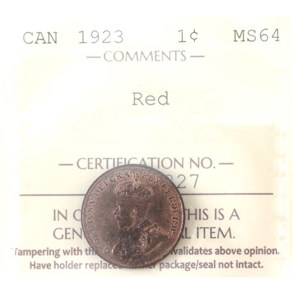 1-cent 1923 ICCS MS64 Red *Key Date!* Absolutely Stunning Example