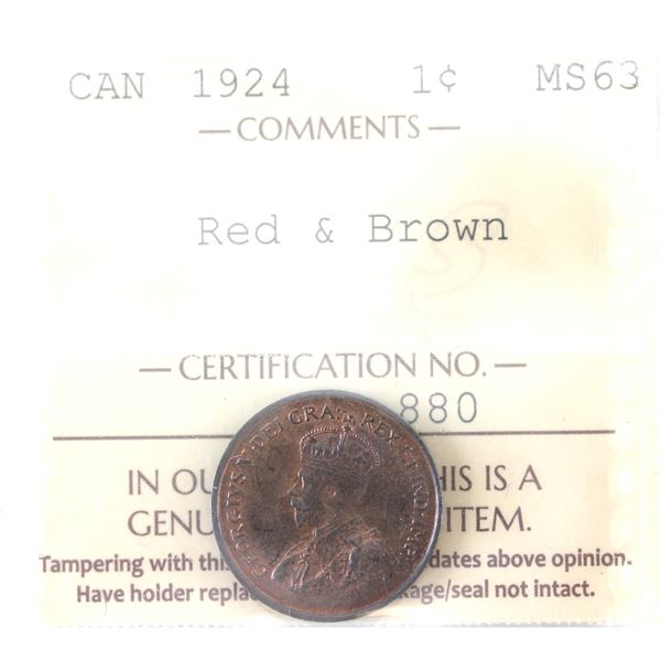 1-cent 1924 ICCS MS63 Red & Brown