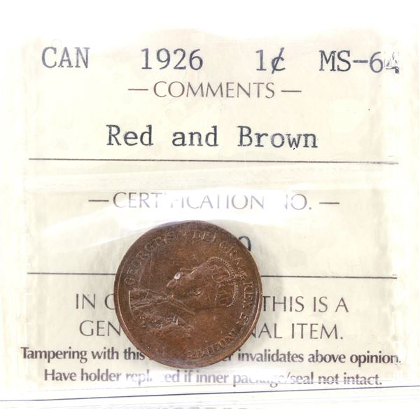 1-cent 1926 ICCS MS64 Red & Brown. A Lustrous Coin with Subtle Hints of Mint Red Throughout