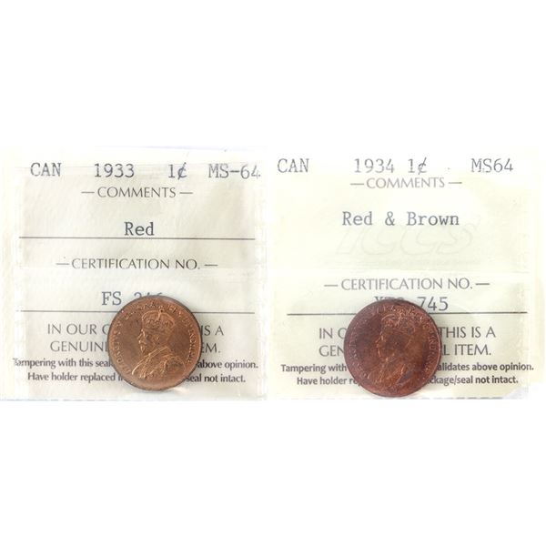 1-cent 1933 Red & 1934 Red & Brown ICCS MS64. 2pcs.