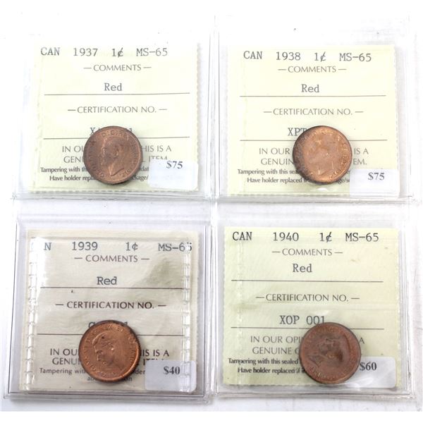 1-cent 1937, 1938, 1939, & 1940 ICCS MS65 Red. 4pcs.