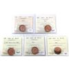 Image 1 : 1-cent 1946, 1947, 1949 A Off Denticle, 1950, & 1952 ICCS MS65 Red. 5pcs.